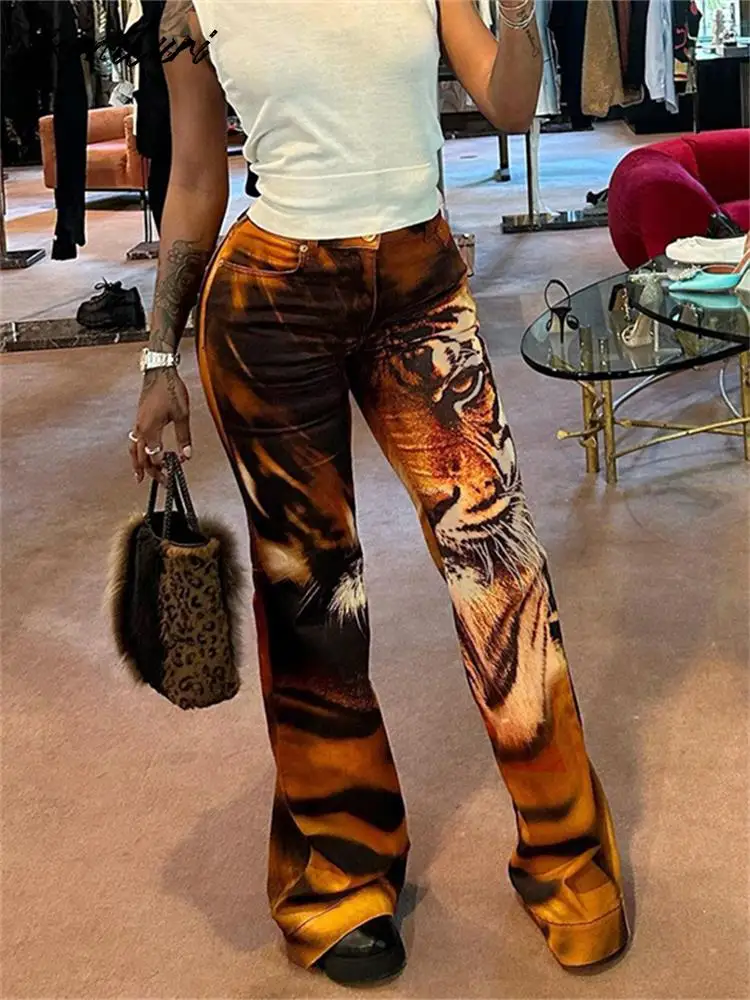 Kontturi Casual Tiger 3D Print Pants For Women 2023 Fashion Graphic Sweatpants Streetwear Outfits Black High Waist Flare Pants