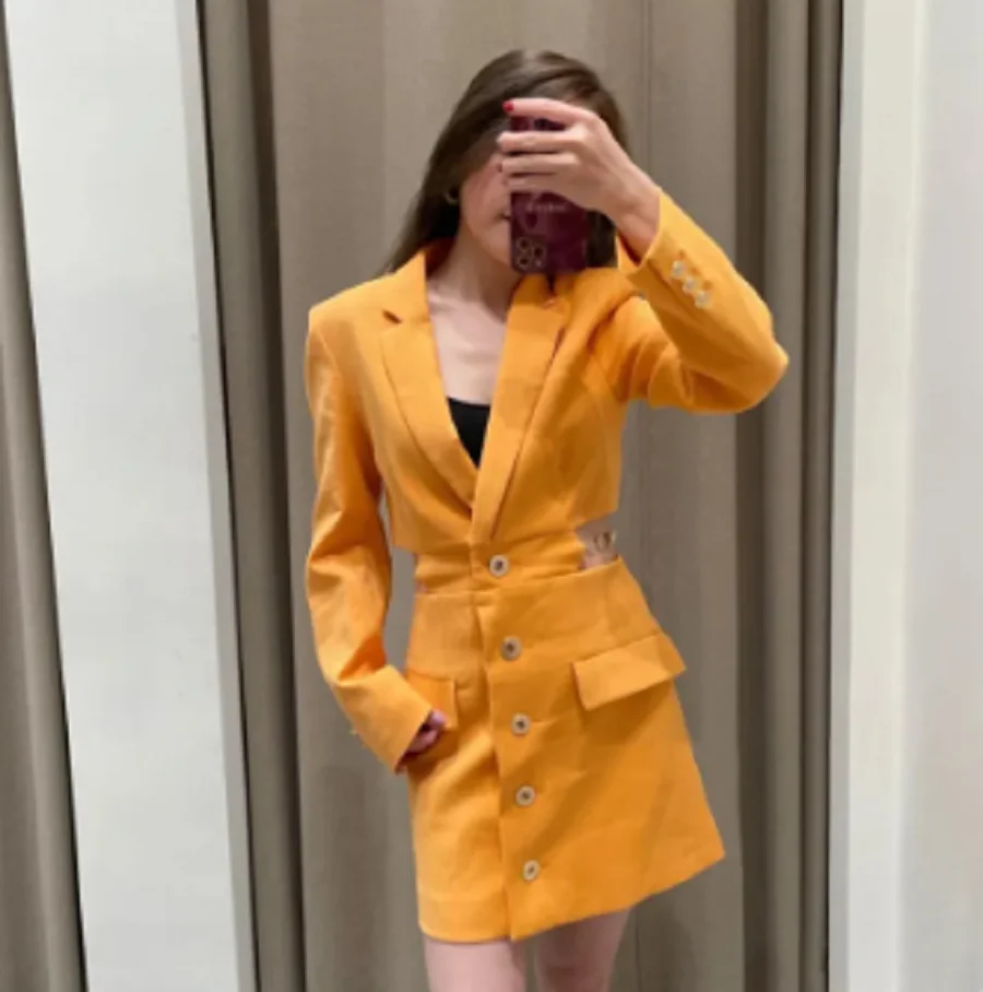 

Women Mini Dress Long Sleeve Cutout Waist Slim Commuting Robe