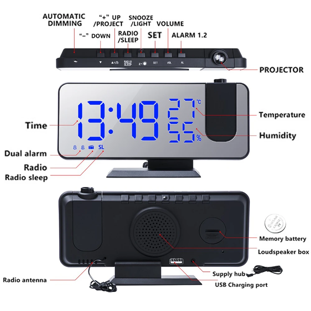 LED Digital Projection Alarm Clock 180 ° proiettore Dimmer per soffitto FM  Radio comodino allarmi elettronici con porta di ricarica USB