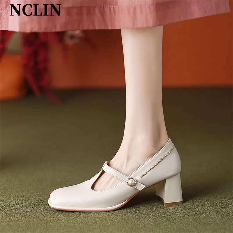 

2024 Spring/summer Cow Leather Mary Jane Shoes Square Toe High Heels Casual Women Shoes Chunky Heel Shoes Woman Zapatos Mujer
