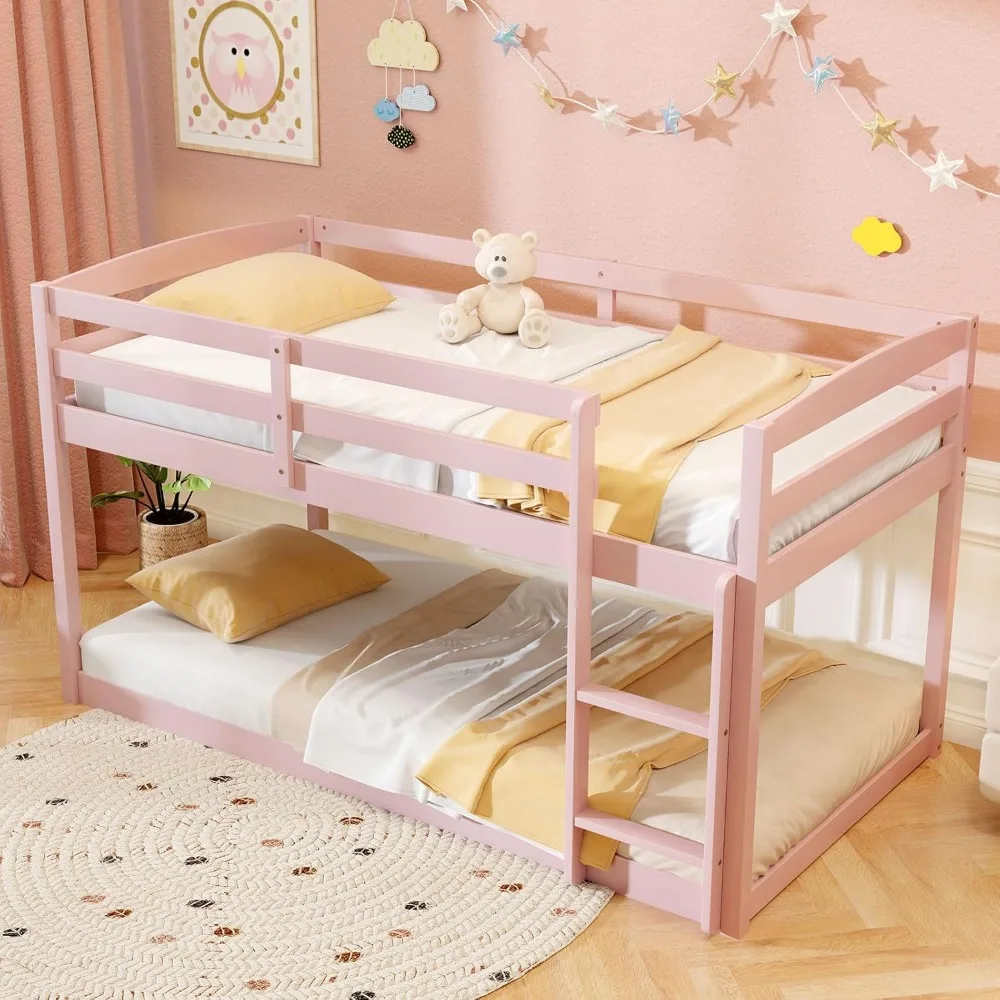 Solid Wood Twin Over Twin Bunk Bed Frame with Full Guardrails & Integrated Ladder, Floor Twin Bunk, Children Beds 4
