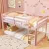 Solid Wood Twin Over Twin Bunk Bed Frame with Full Guardrails & Integrated Ladder, Floor Twin Bunk, Children Beds 4