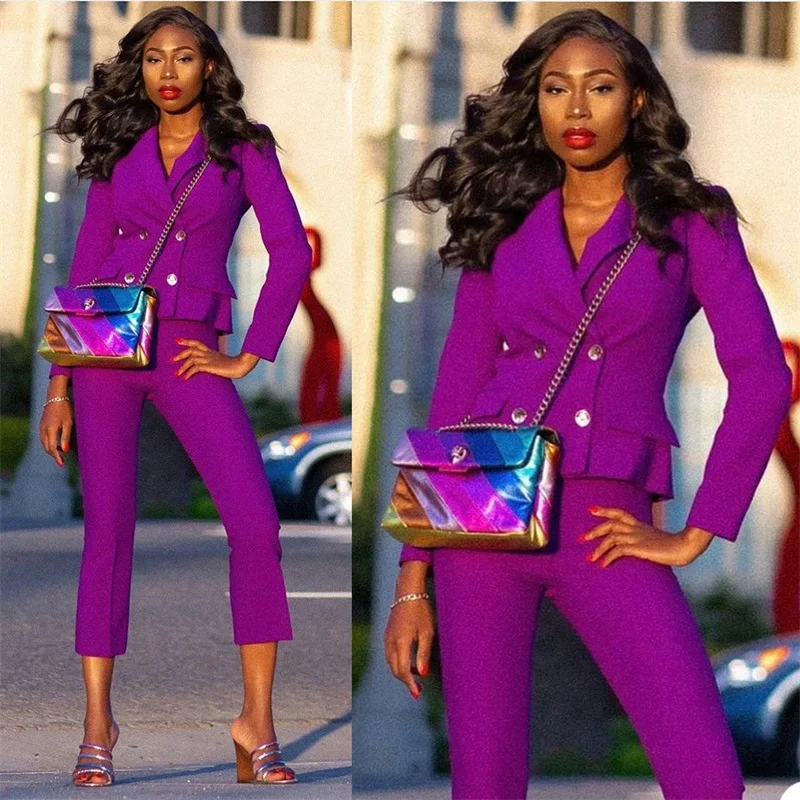 

Purple Women Suits Set For Work 2Pcs Custom Made Blazert+Cropped Pants Fit Slim Formal Double Breasted Office Lady Prom Dress