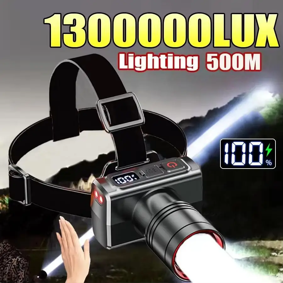 Lampe frontale LED détecteur rechargeable puissante pêche camping 3 modes éclairage recherche