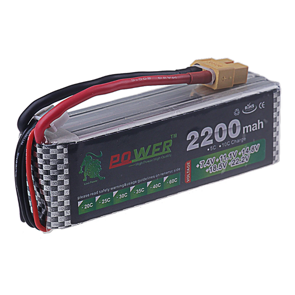 Batterie LiPo 14.8V 2200mAh 4S 60C pour Drone RC avec Connecteurs T/JST/XT30/XT60