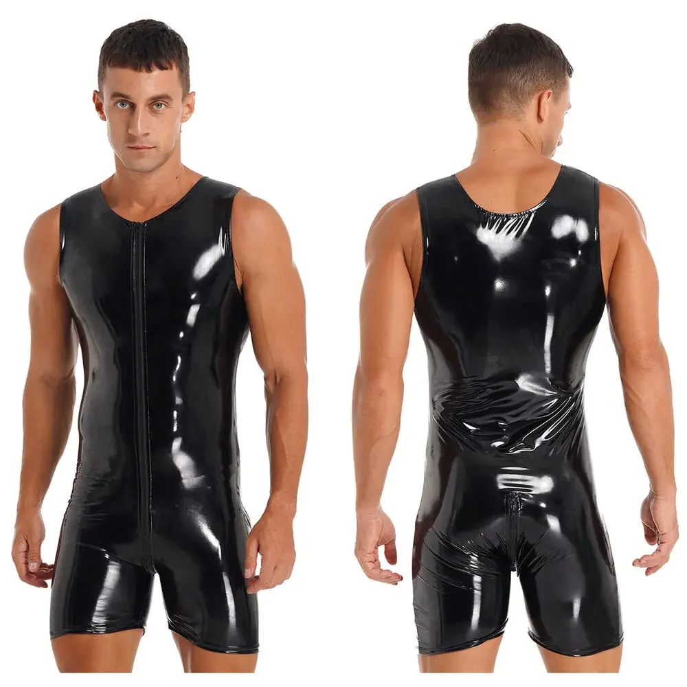 

Halloween men's tight fitting latex jumpsuit sleeveless zippered shorts jumpsuit-