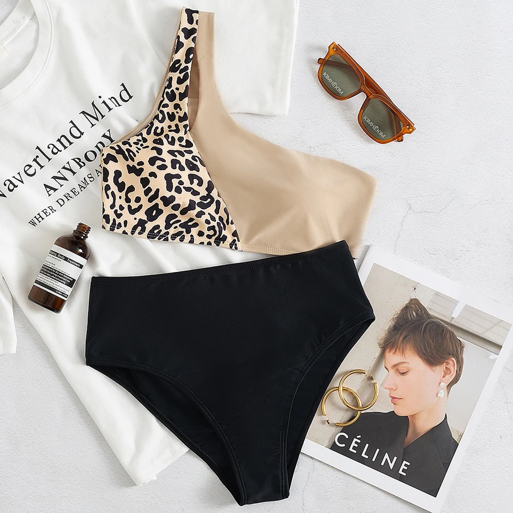 

Colorblock Leopard Women Bikini Swimsuit One Shoulder High Waisted Fashion Lady Beachwear 2022 New Beach Bathing Suits