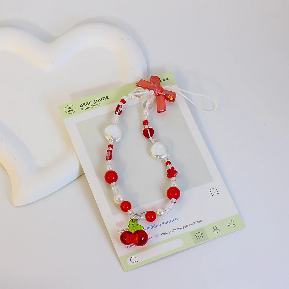Trendy Red Cherry Bowknot Pearl Phone Charm Bracelet Keychain Strap