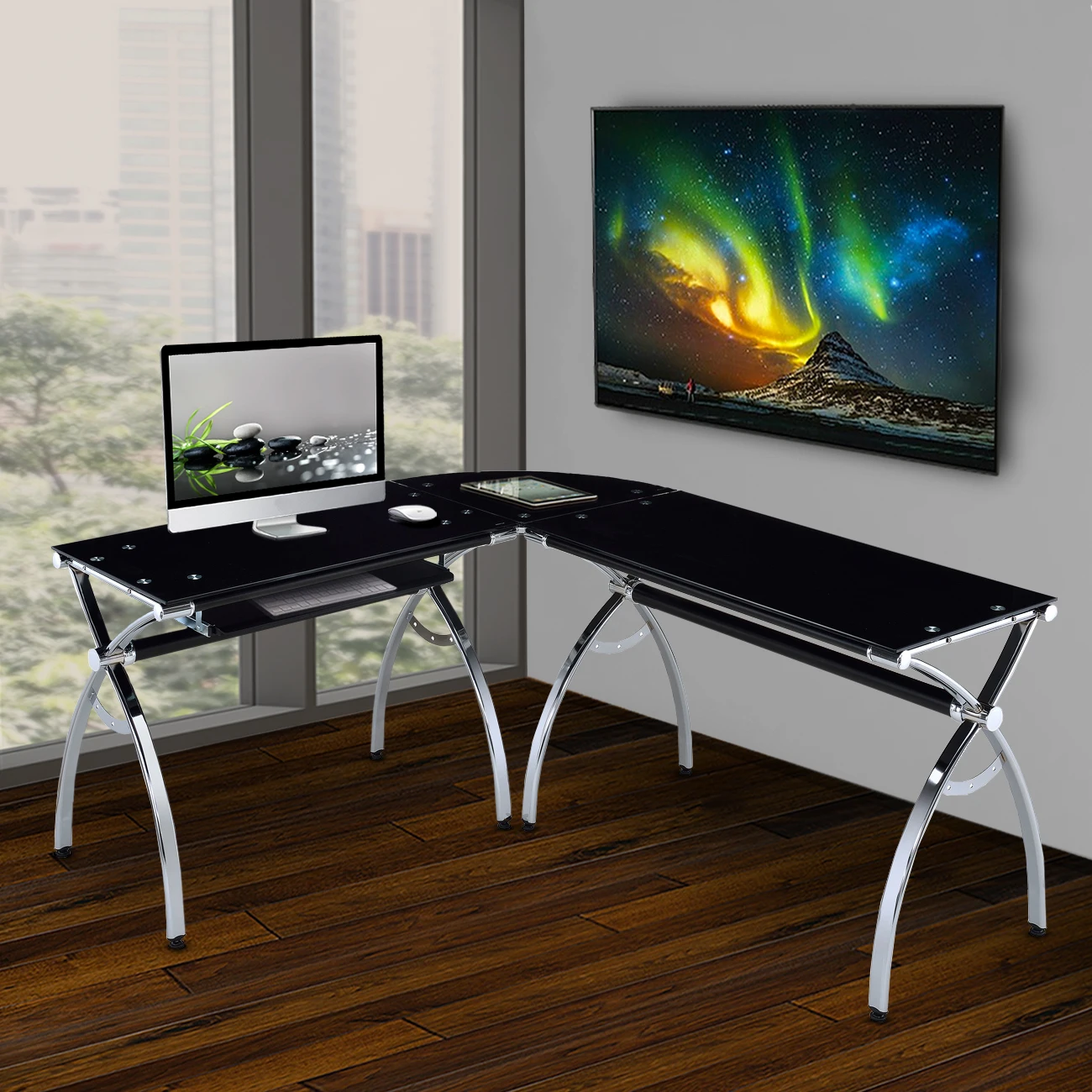 L-Shaped Corner Desk Tempered Glass Top Computer Desk with Pull Out Keyboard Tray Office Game Study Table Black[US-W] for google pixel 8 pro pinwuyo 9h 2 5d full screen tempered glass film black