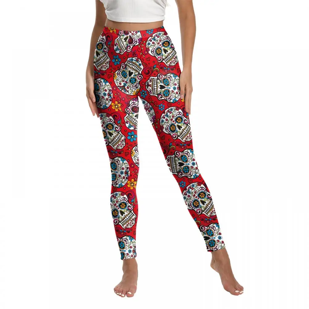 Nadanbao Halloween-Leggings mit Blumen- und Totenkopf-Motiv, Damen-Hosen mit hoher Taille, weiche, elastische Hosen, Hosen für den Tag der Toten. – Detail 9