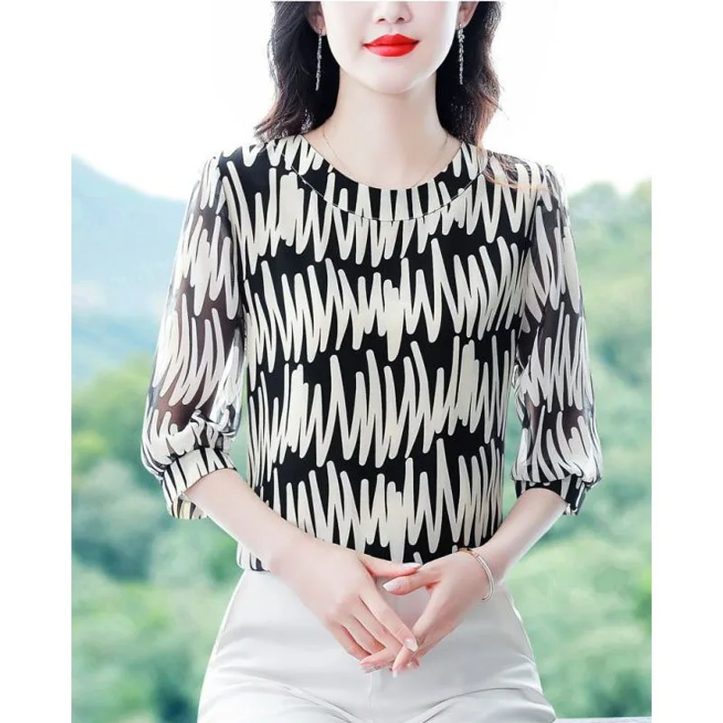 여성용 2024 풀오버, 크루넥 프린트, 스플라이싱, 루즈한 패션, 한국 버전, 하프 슬리브, 통근 쉬폰 탑, 여름 신상