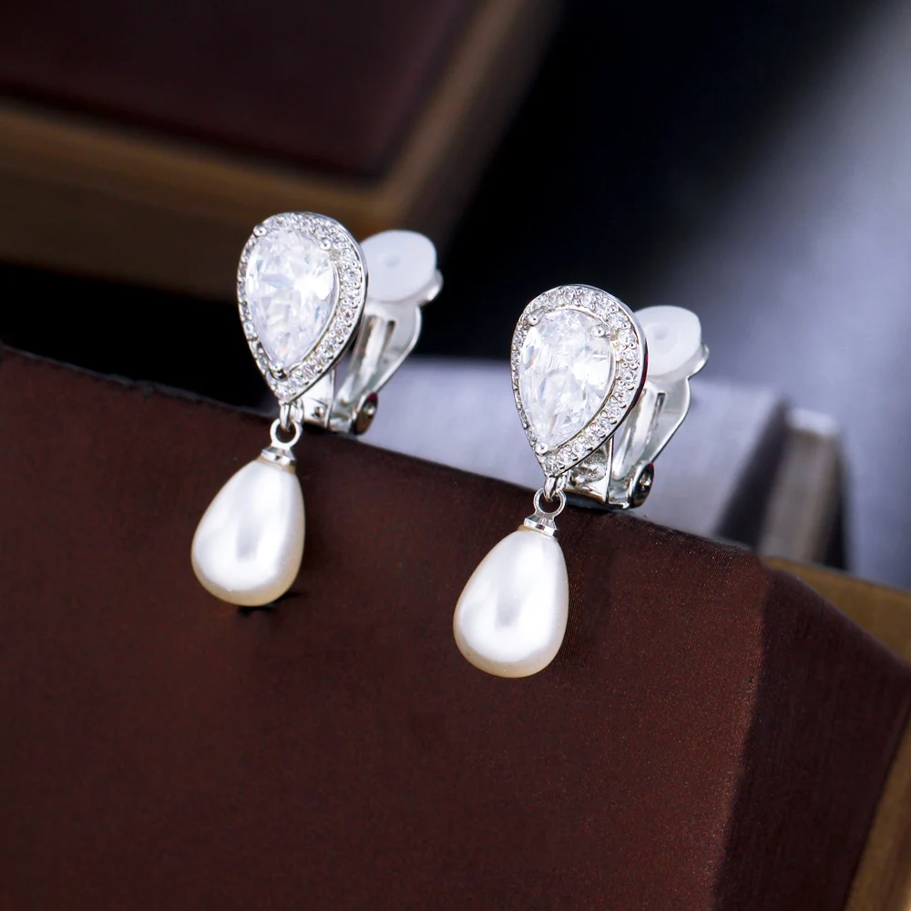 CWWZircons Elegant Design Shiny White Cubic Zircon Dangly Bridal Wedding Party Clip on Pearl Earrings No Piercing Hole CZ496 3