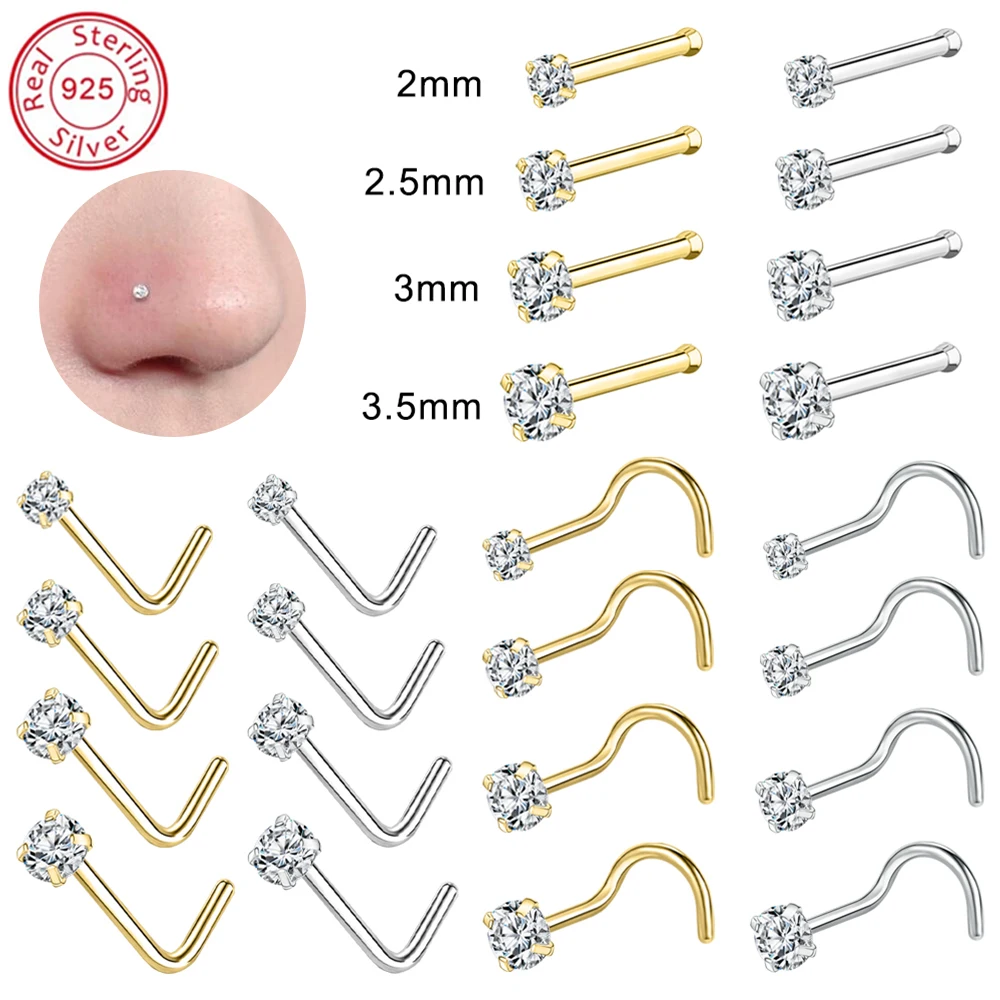 ZS 18/20G 925 Sliver Nostril Piercings Gold Plated Nose Studs Shiny Zircon Septum Nose Rings for Women Real Sterling Nose Stud septum piercing magnet septum nose clip ring fake and men nose magnetic circular for jewelry stainless steel women body piercing