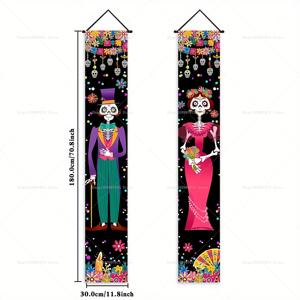 Halloween Dia De Los Muertos Decorative Porch Banners - Day of the Dead Hanging Decor for Indoor and Outdoor Walls
