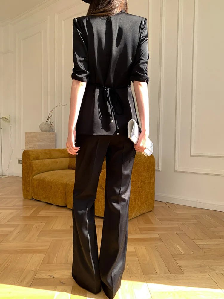 [LANMREM] Elegant 2 Piece Sets Women Lace-up Gathered Waist Blazer High Waist Straight Pants Office Lady Clothes 2024 Summer New