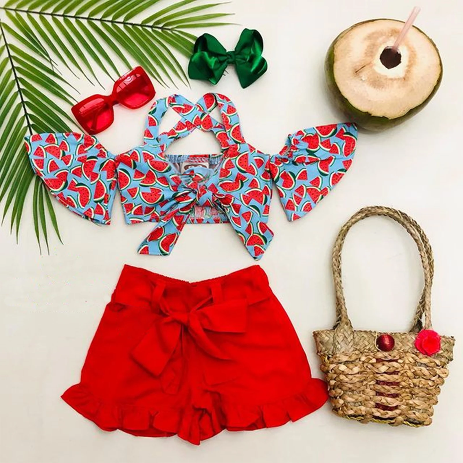 Summer Kid Girl Casual Short Pants Outfits Short Sleeve Pattern Printed Tie Knot Decor Tops Ruffles Decor Shorts Set