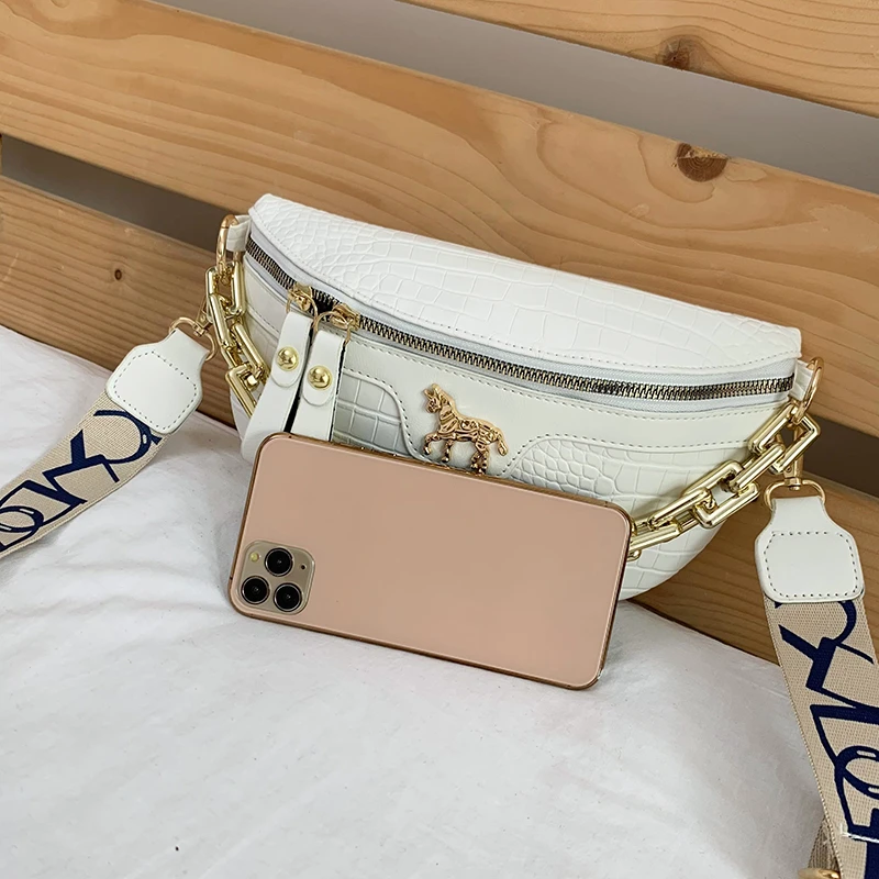 Women Waist Bag Fashionable Luxury Niche PU Leather Crocodile Pattern Single Chain Zipper for Commuting