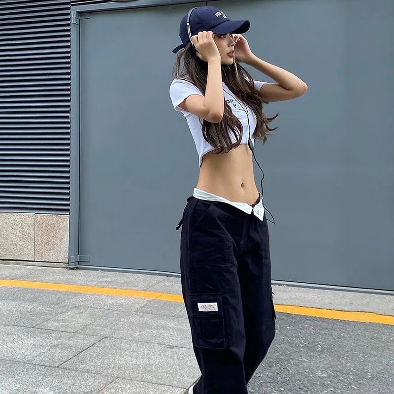 

Y2k Streetwear Casual Cargo Pants Women Straight High Waist Pants Fashion Slim Zipper Multiple Pockets Sports Pants