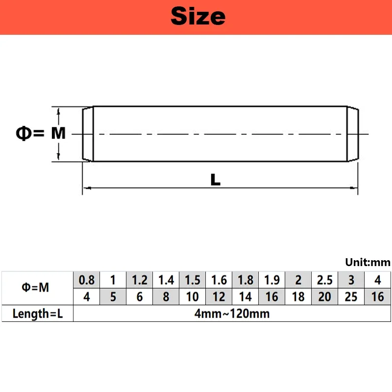 304 스테인레스 스틸 원통형 핀 위치 지정 은못 고정 샤프트 솔리드로드 GB119 길이 4120mm M0.8 M1 M1.5 M2 M2.5 M3M4M5 M6M25