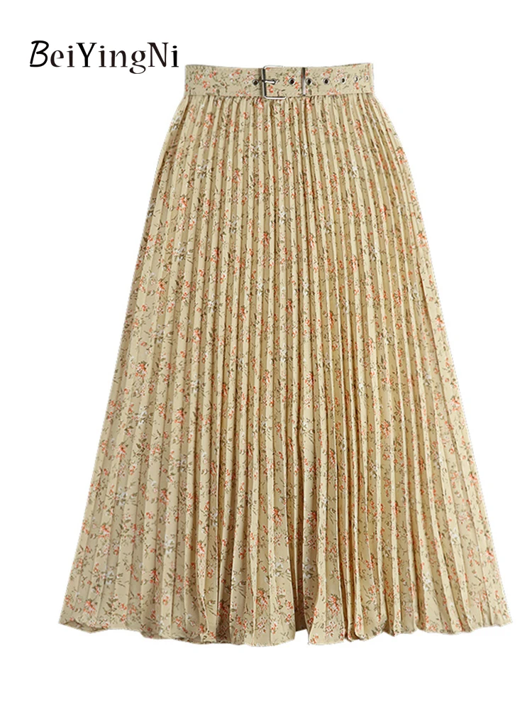 

Beiyingni Vintage Fashion Floral Printed Pleated Midi Skirts for Woman Casual Belt Chic Kawaii High Waisted A-line Skirt Ladies