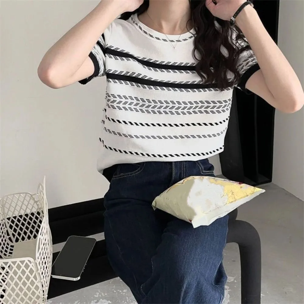 Fashion Ins Short Sleeve Crop Top Loose Summer Stripe Knitted T-shirt Bottoming Shirt Female Clothing Knitwear Women Female