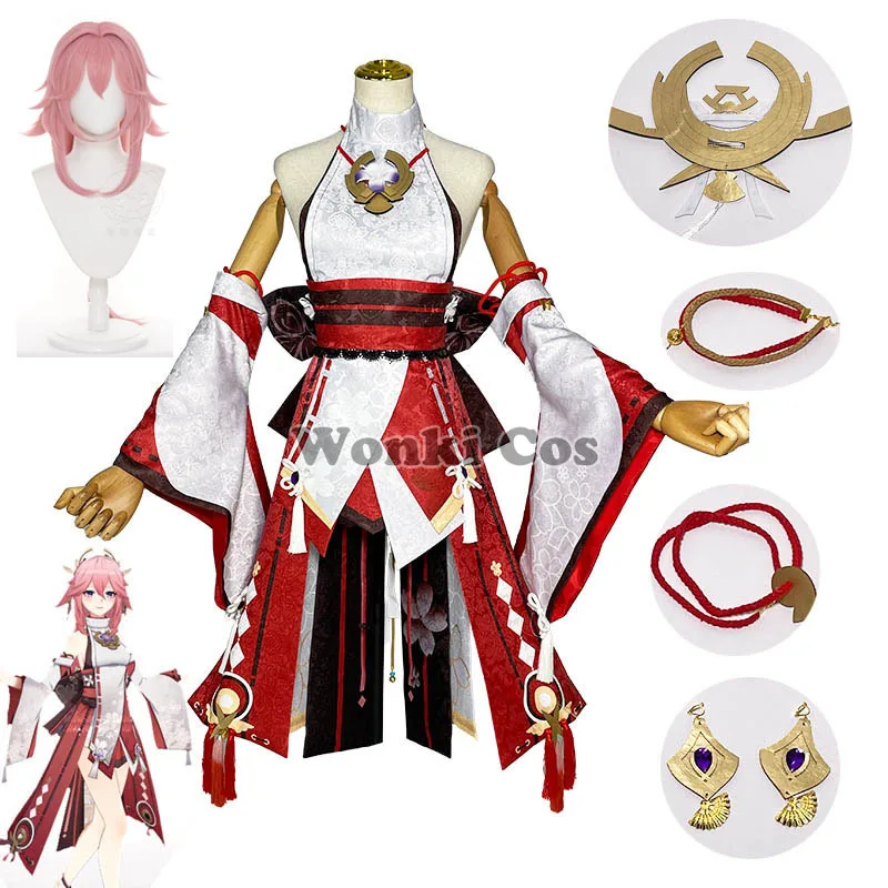 Костюм для косплея Genshin Impact Yae Miko Guuji полный комплект парик длинные волосы костюмы