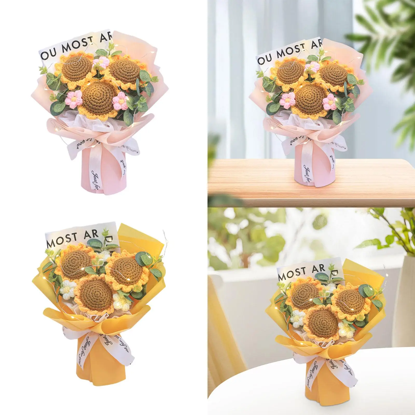 LED 크로셰 꽃 부케, 테이블 센터피스, 발렌타인 데이용 인조 꽃