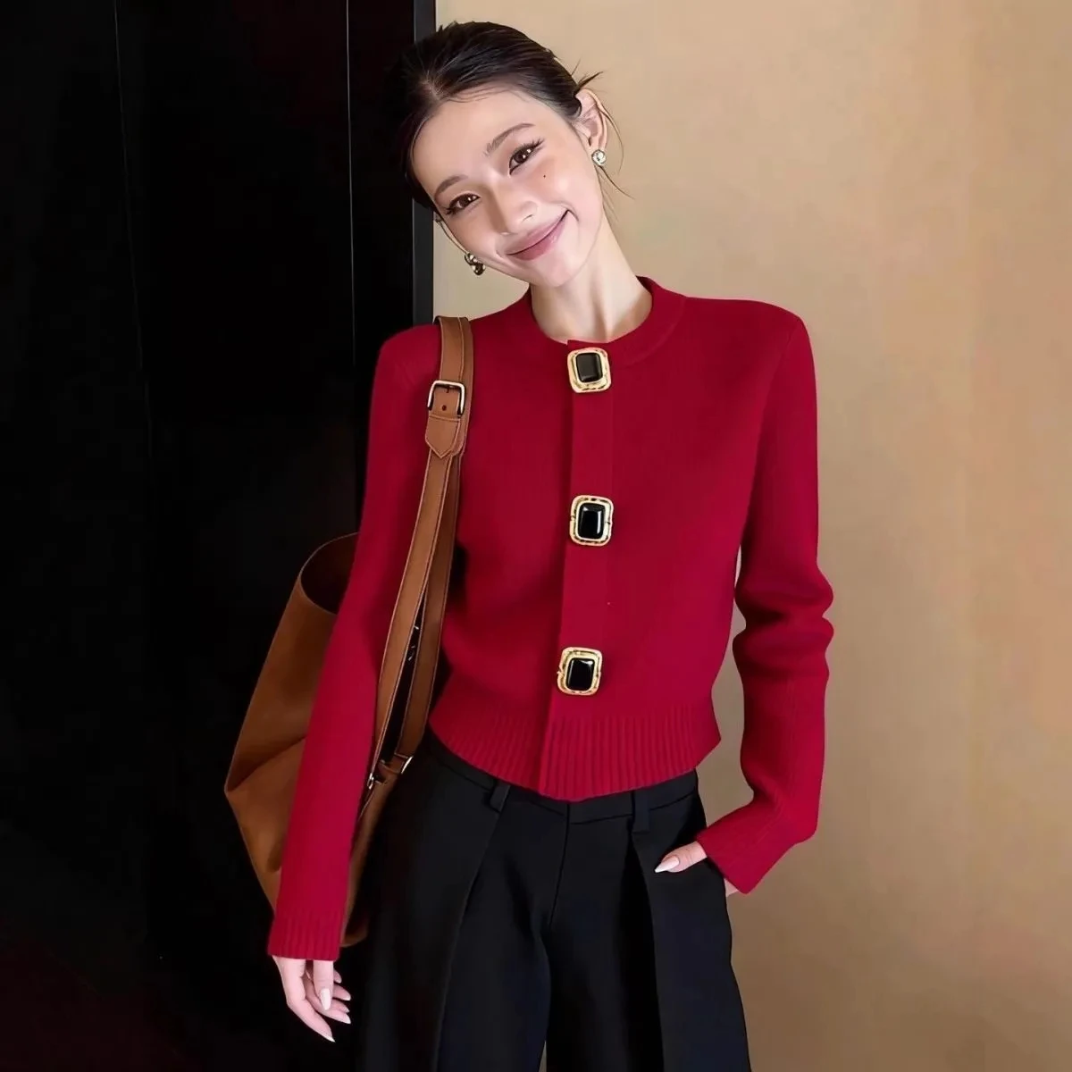 Female Cardigan new Exquisite High-end Cardigan Knitted red Sweater Coat Temperament Coat Loose Sweater Top Cardigan for Women - 5