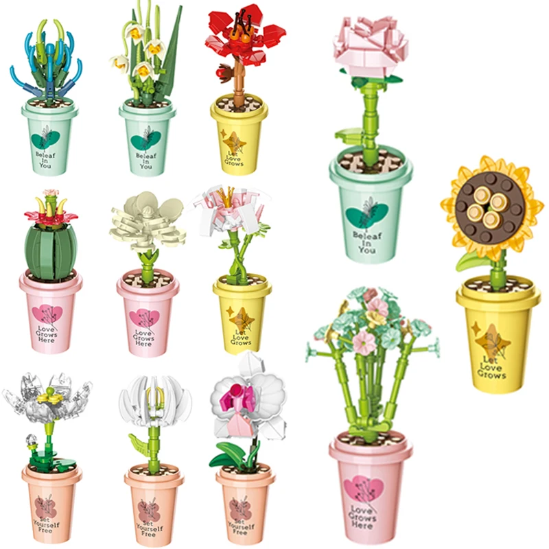 Creative Home Furnishings Rose Flower Bouquet Potted Plant Building Block Botany Bonsai Gardens