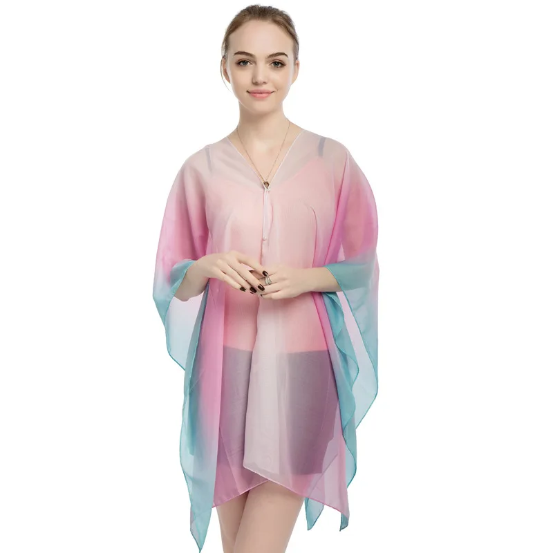 2022 Summer Style New Chiffon Women Pullover Cape Print Gradient Rainbow Sunscreen Cape Lady Poncho Capes Pink Imitation Silk 2022 summer golden silk thread ventilation beach fine net shawl sunscreen sunshade cardigan cloak lady coat poncho capes silver