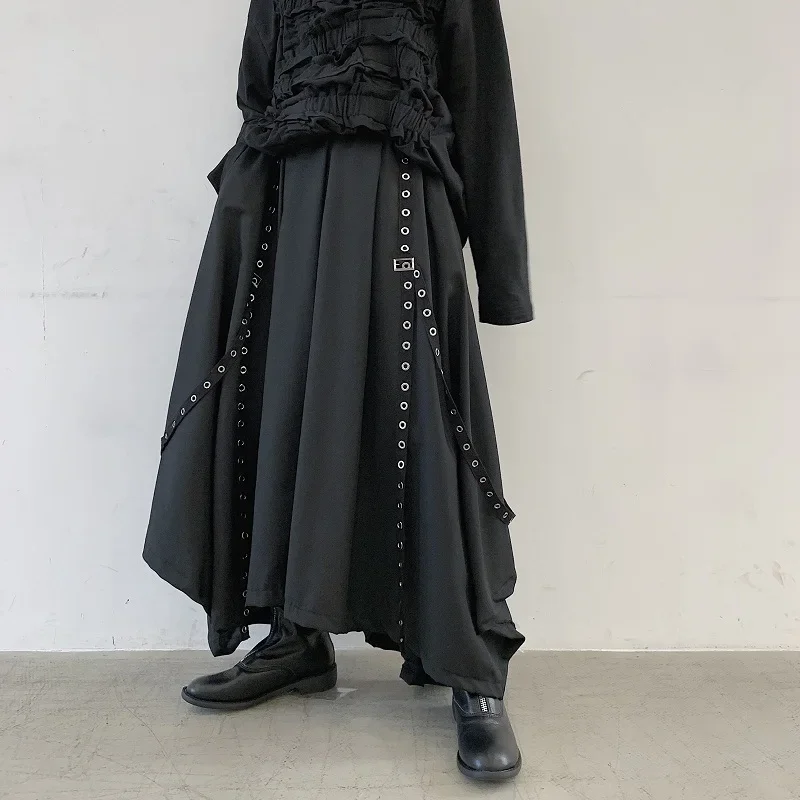 Wide Leg Pants Men Ribbon Dark Black Wide Leg Pants