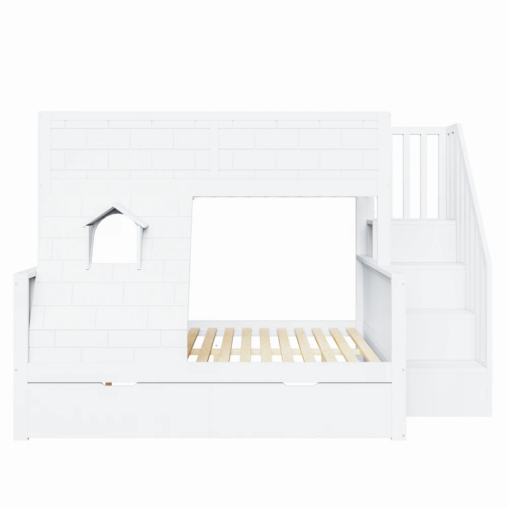 90x200cm Kinder-Etagenbett, Kinderbett mit Sicherheitsleiter, Schubladen und Fenstern; Oberbett 90*200cm, Unterbett 140*200cm, ohne Matratze – Detail 7