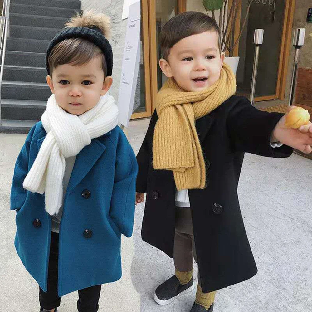 2-6-year-old Children's Korean Autumn and Winter Coat Wool Jacket Long Double Breasted Warm Flip Collar Pocket Jacket girls winter coat