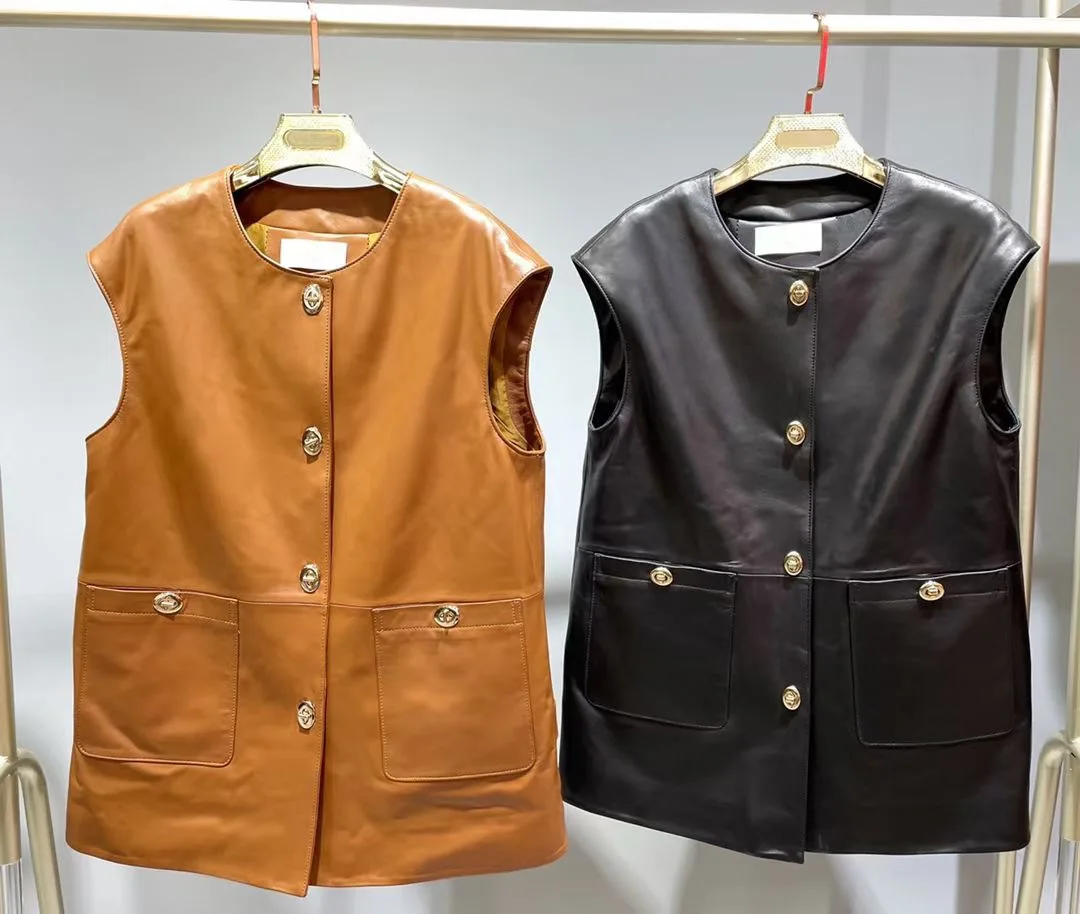 2023 Spring Autumn New Arrival Women Casual  Genuine Leather Vest O-Neck Simple Fashion Jacket