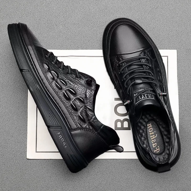 

2023 New Mens Genuine Leather Casual Shoes Crocodile Print Spring Autumn Trend Sneakers Cool Leisure Flat Shoes Loafers
