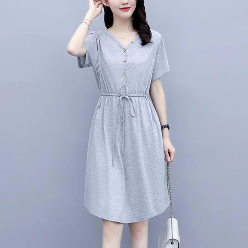 

Fashion V-Neck Button Spliced Loose Shirring Bandage Bow Mini Dress Female Clothing 2023 Summer New Solid Color Casual Dresses