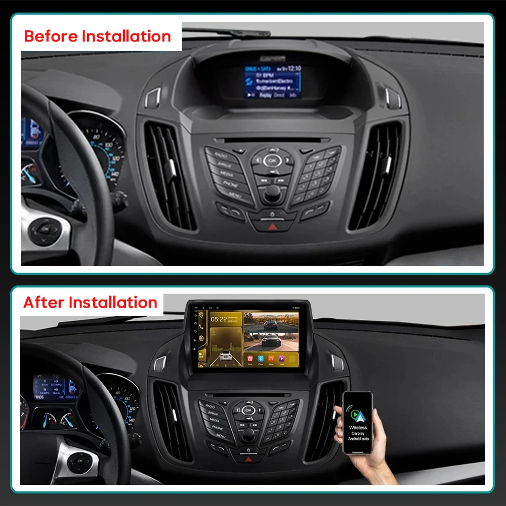 Android Car Radio for Ford C-MAX, Kuga 2, and Escape 3 (2012–2019) – GPS Navigation Multimedia Screen Stereo with Wireless CarPlay, Android Auto, 5G WiFi, and Bluetooth 2