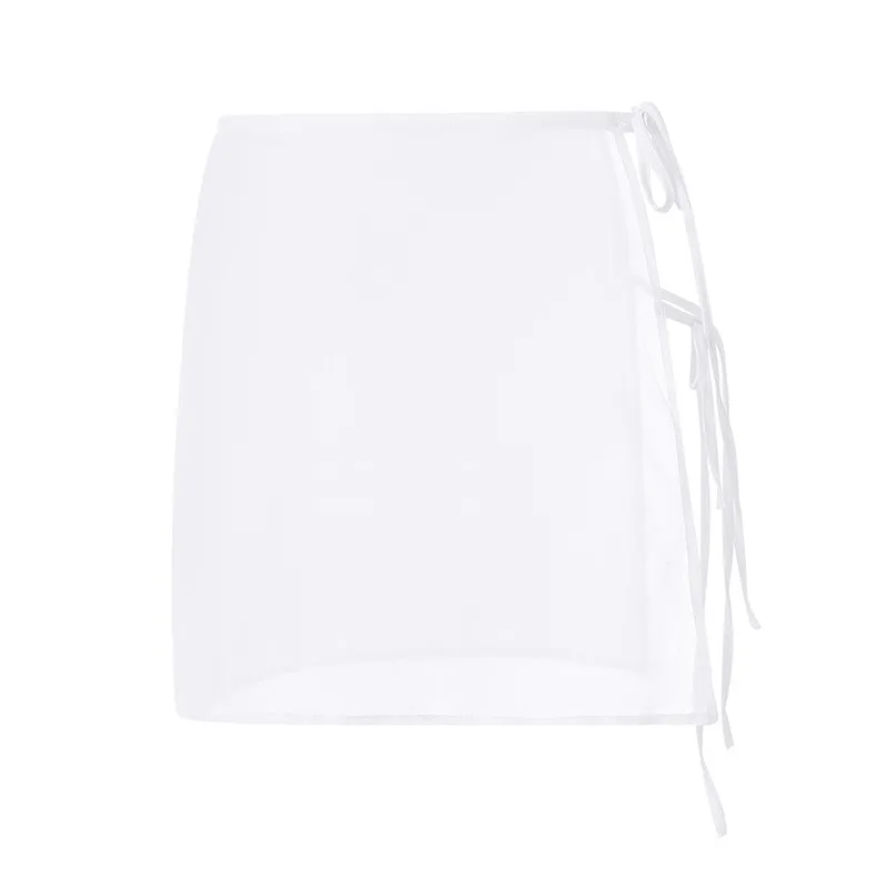 See Through Lace Up Sheer Skirts Swimsuit Cover-Ups Solid Color Beach Skirts For Women Summer High Waist Mini Cover Ups 4