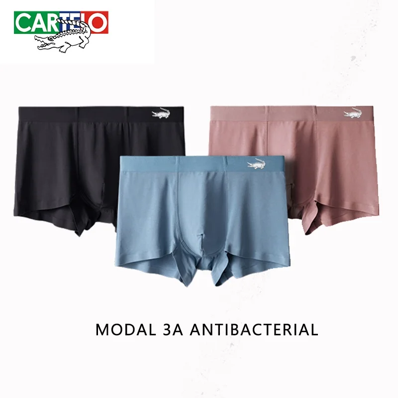 Cartelo Modal Men Underwear 3A Grade Antibacterial Boxer Traceless Smooth Solid Underpants Comfortable Elastic 3pcs Male Panties