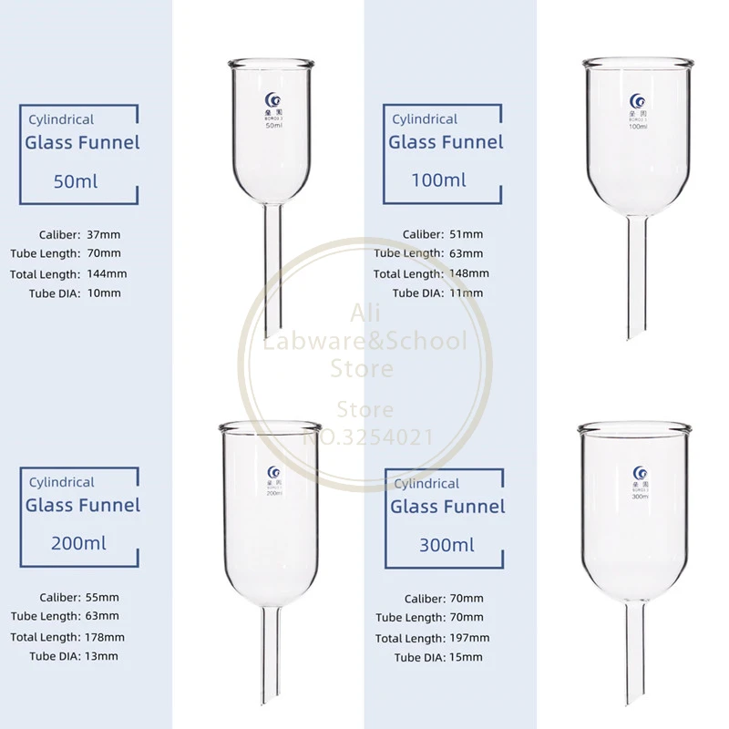 1Pcs Clear 50ml to 1000ml Glass Cylindrical Funnel Laboratory Equipment