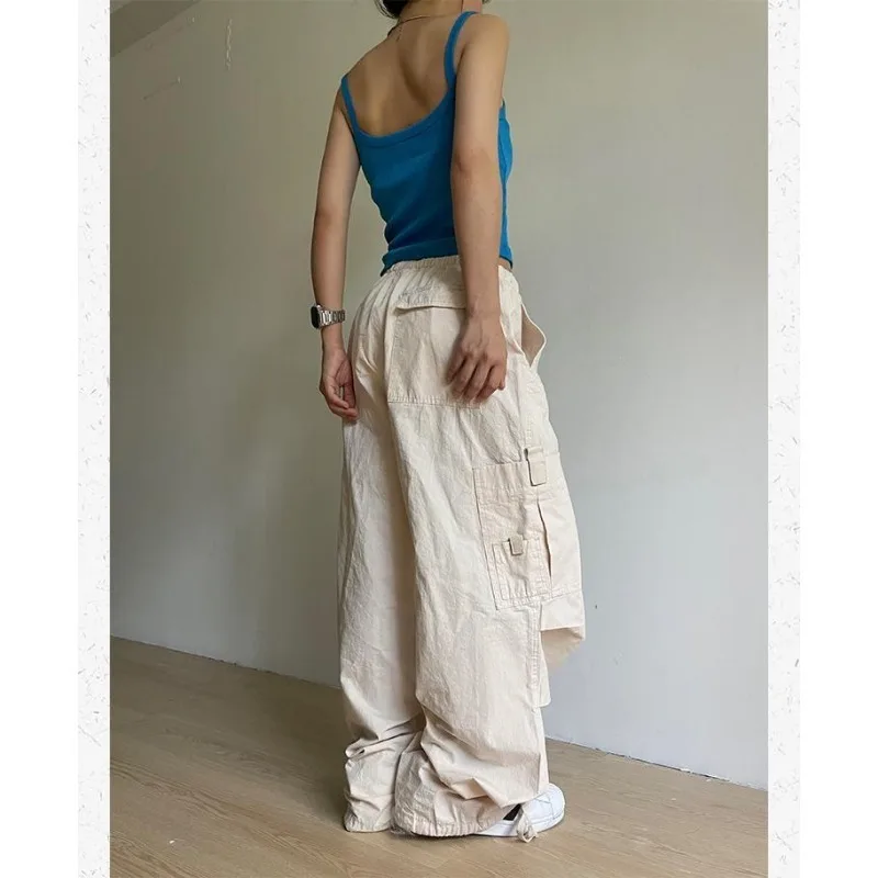 QWEEK Vintage Cargo Parachute Pants Women Oversized Y2k Streetwear Baddies Korean Fashion Baggy Pleated Trousers Hippie Grunge