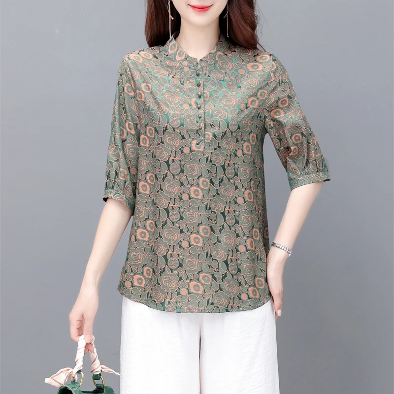 

Women summer O-neck Collar Elegant Ladies Shirts Casual Tops T-shirt camiseta plus size silk women clothing blouses