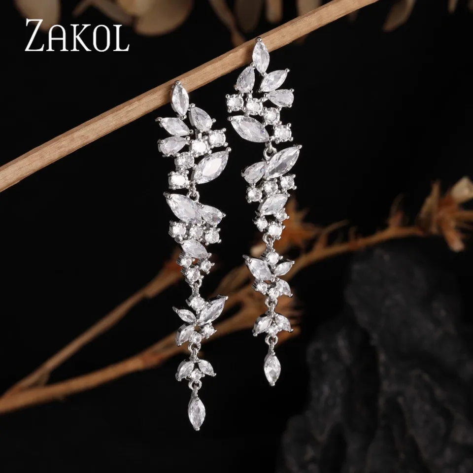 Dangle Earrings ZAKOL Exquisite White Gold Color Leaf Long Dangle Earrings For Women Fashion Cubic Zironia Bridal Earring Wedding Jewelry