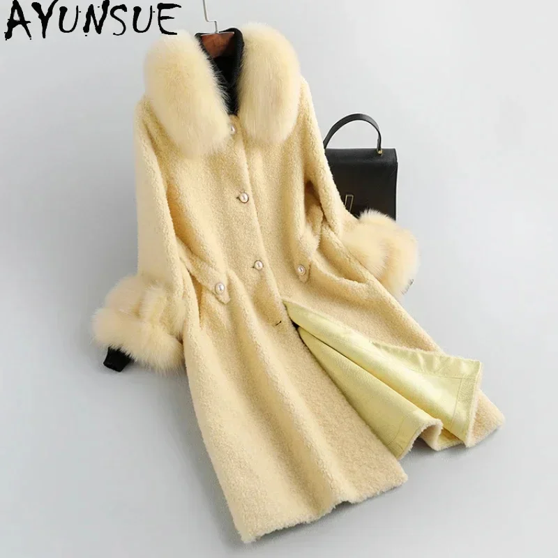 

High AYUNSUE Quality Sheep Shearing Jacket for Women Elegant Winter Fur Coat Medium 100% Wool Coats Luxury Fox Collar/cuffs