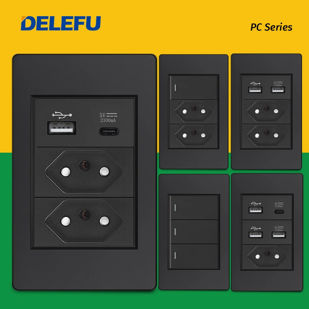 Delefu Painel pc Fireproof Duplo Usb tipo c Carga Brasil Tomada Padrão Parede Preta Interruptor de Luz de Alimentação Elétrica 10a 20a Paralelos