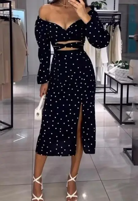 One Line Neck Wave Dots Print Top and Skirt Set Exposed NavelHollow Temperament Commuting Elegant Long Sleeves New Autumn 2023 women s blouses satin bat sleeves stand up neck temperament commuting girl chiffon shirt clothes quickly available in stock