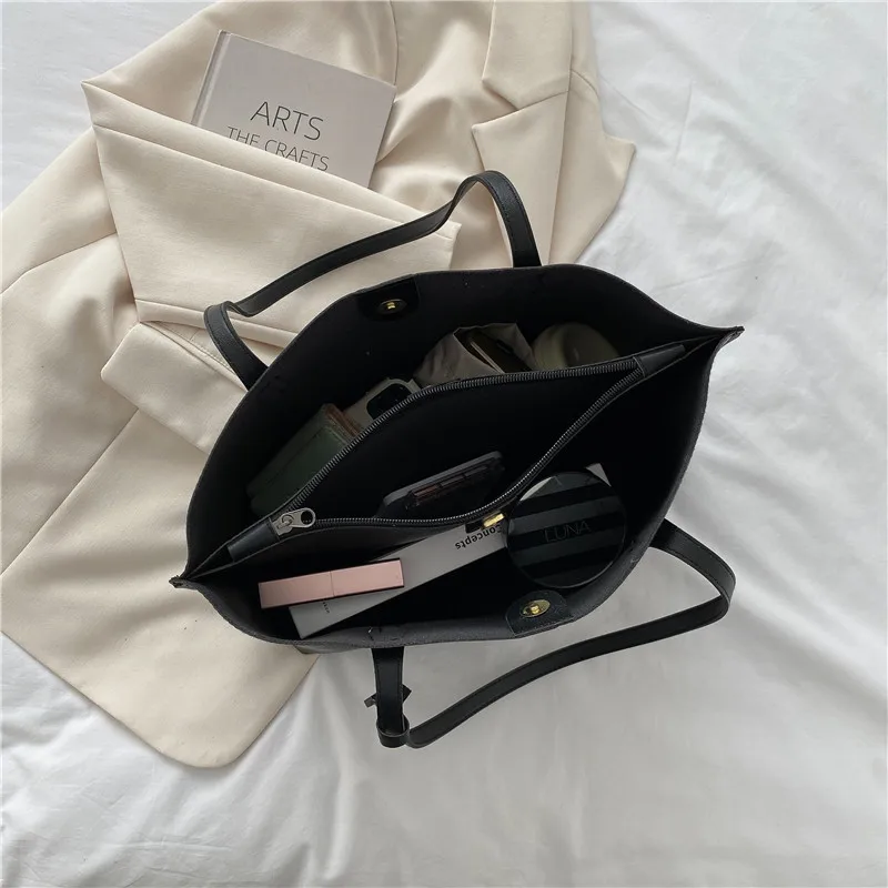 1PC black minimalist large capacity soft leather tote bag casual versatile shoulder bag 4