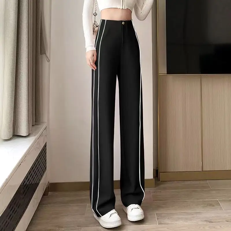 Spring and Autumn Women's Splicing Striped Loose Wide Leg Pants High Waist Button Fashion Casual Commuter All-match Trousers