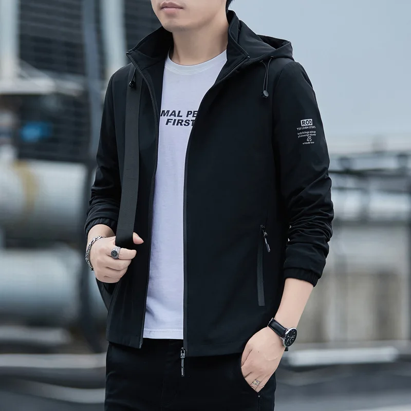 

Men's Outerwear Spring Autumn Hooded Jacket Solid Handsome Slim Fit Large Size Trenchcoat Sport Casual Windproof Jacket