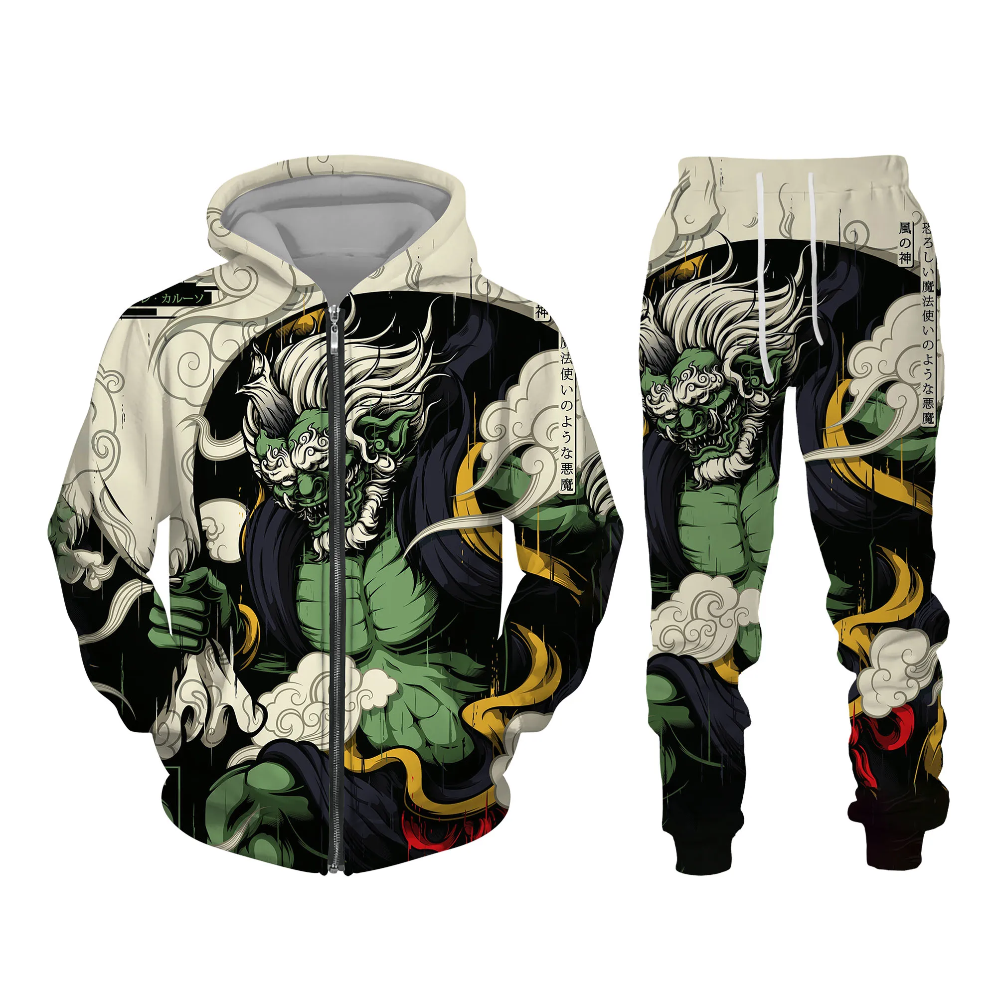 Japanese Ghost Samurai 3D Print Men\'s Zipper Tracksuit Set Casual Hoodie+Pants 2pcs Set Oversized Sweatshirt Fashion Men Clothes